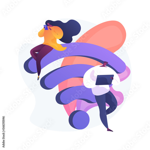 Public wi fi hotspot. Wireless technology, free signal zone, web connection. People surfing internet using portable gadgets, smartphone and laptop. Vector isolated concept metaphor illustration