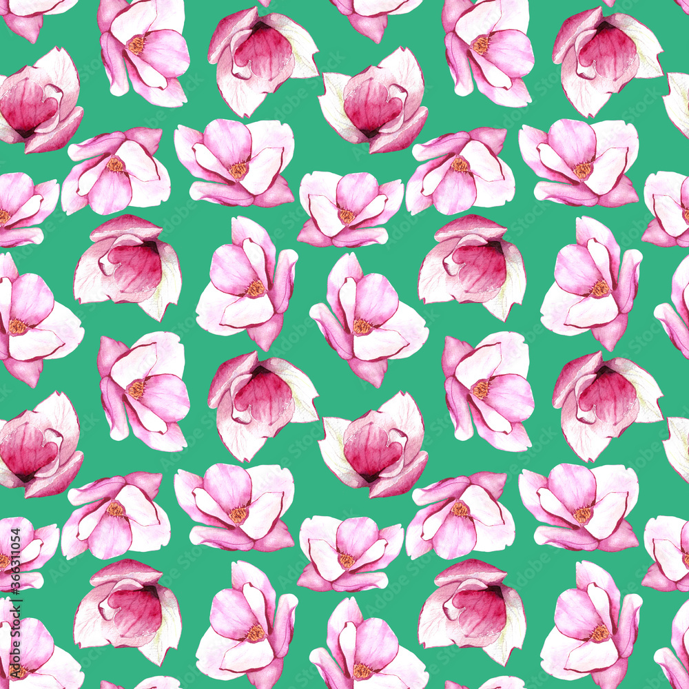Seamless endless floral pattern of magnolias hand-drawn watercolor painting on green background. Pattern for textiles, bedding, curtains, packaging, umbrellas.