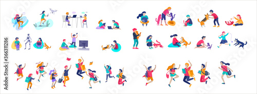 Landing page template with Happy school children joyfully jumping and laughing. Concept of happiness, gladness and fun. Vector illustration for banner