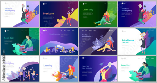 Set of web page design templates with relaxed learning people outdoor and graduate for online education, training and courses. Modern vector illustration concepts
