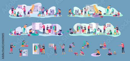 Scenes with family doing housework, kids helping parents with home cleaning, washing dishes, fold clothes, cleaning window, carpet and floor, wipe dust, water flower. Vector illustration cartoon