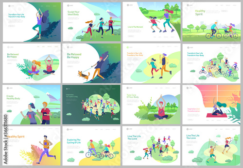 Landing page template with running man, play tennis, children riding bicycles, man doing yoga. People performing sports outdoor activities at park or Nature, healty life style. Cartoon