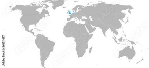 Denmark, United kingdom countries isolated on world map. Light gray background. Economic and trade relations.