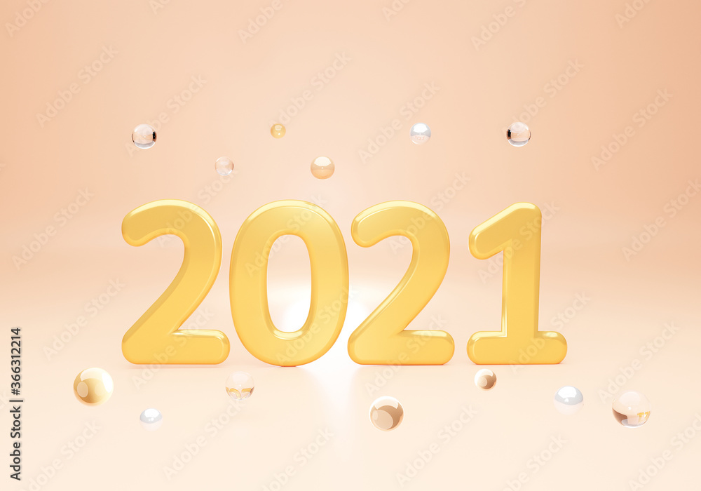 3D render 2021 font New Year 21 concept for a happy new year, typography and balloon gold glass color style design on golden background 3D render 2021 font New Year 21 concept for a happy new year, typography and balloon gold glass color style design on golden background
