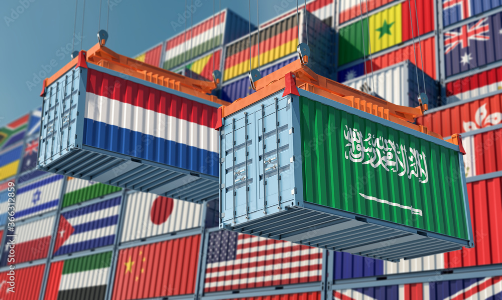 Freight containers with Netherlands and Saudi Arabia flag. 3D Rendering Freight containers with Netherlands and Saudi Arabia flag. 3D Rendering