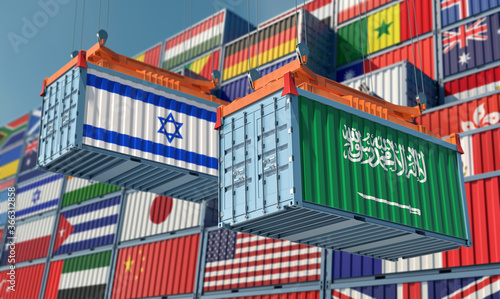 Freight containers with Israel and Saudi Arabia flag. 3D Rendering © Marius Faust