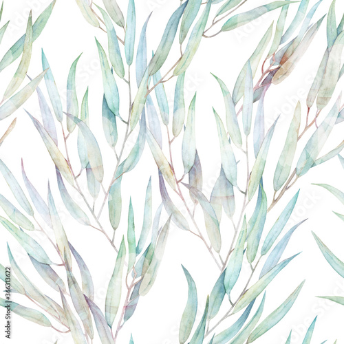 Fototapeta Naklejka Na Ścianę i Meble -  Watercolor seamless pattern. Vintage print with jasmine flowers and eucalyptus branches. Hand drawn illustration