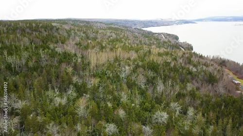 Aerial shot of forests with river in Autumn , Port Hawksbury , Nova Scotia, Canada photo