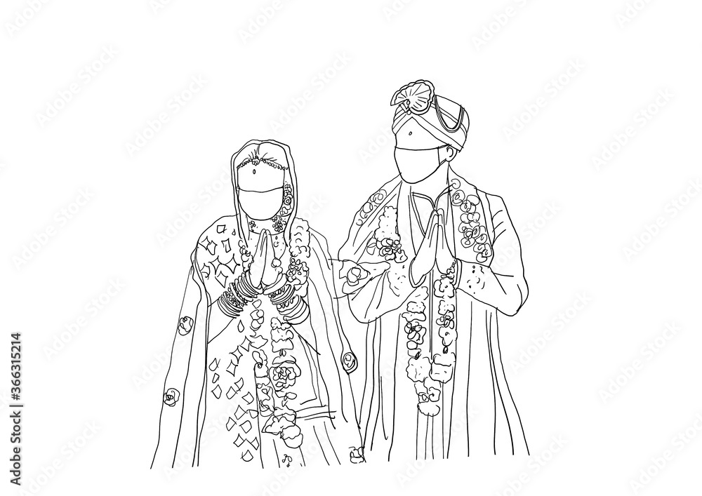 new normal wedding, bride and groom wear face masks to against COVID-19 pandemic, traditional Indian wedding ceremony