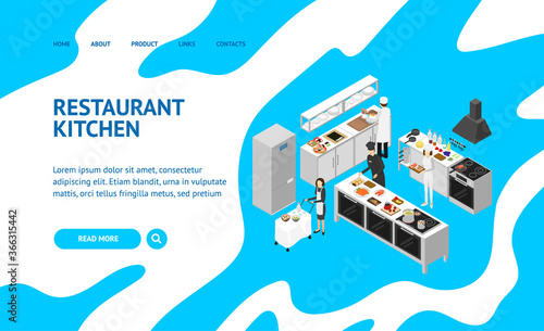 Restaurant Cooking Concept Landing Web Page 3d Isometric View. Vector