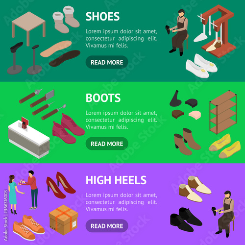 Shoe Work Shop Concept Banner Horizontal Set 3d Isometric View. Vector