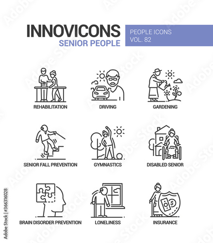 Senior people line design style icons set