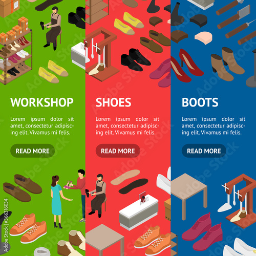Shoe Work Shop Concept Banner Vecrtical Set 3d Isometric View. Vector