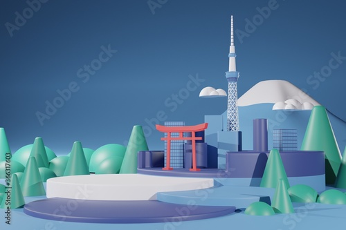 Canvas Print 3d rendering illustration stage display with background of tokyo city and Fuji m