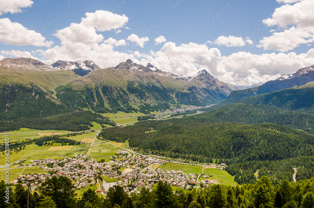 Fototapeta premium Celerina, Pontresina, Dorf, Oberengadin, Corviglia, Stazerwald, Muottas Muragl, Piz Muragl, Schafberg, Alp Languard, Stazerwald, Wanderweg, Alpen, Graubünden, Sommer, Schweiz