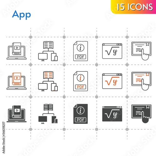 app icon set. included pdf, learn, school, maths, touchscreen, school (2) icons on white background. linear, bicolor, filled styles.