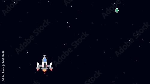 Retro Space Arcade. Video Game Animation Concept. Pixel Art. Spaceship collects coins in open space. Cartoon Motion Design. 4K video.