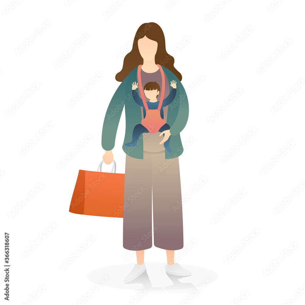 cute mom with child in baby sling while holding a shopping bag. healthy baby, newborn, happy family, and happy motherhood. flat vector illustration cute mom with child in baby sling while holding a shopping bag. healthy baby, newborn, happy family, and happy motherhood. flat vector illustration