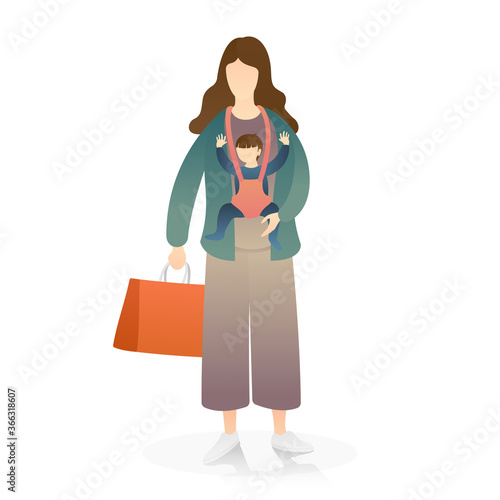 cute mom with child in baby sling while holding a shopping bag. healthy baby, newborn, happy family, and happy motherhood. flat vector illustration