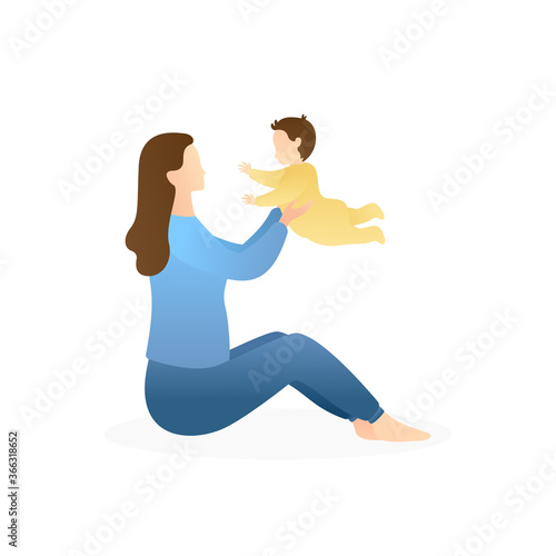adorable woman playing and cuddling with her baby. mom holding her baby, healthy baby, newborn, happy family, and happy motherhood. flat vector illustration