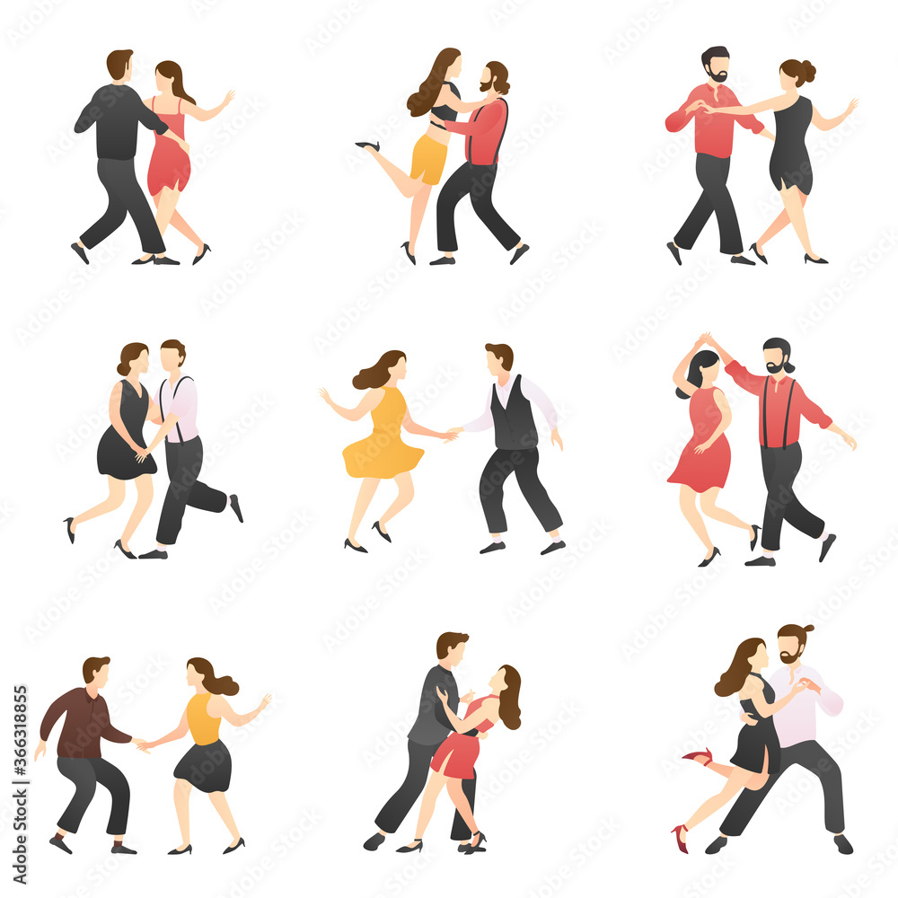 vector set of romantic scenes adorable couple dancing. man and woman at school, studio, and party. outdoor activity romantic couple scenes. romantic couple relationship in flat vector illustration.