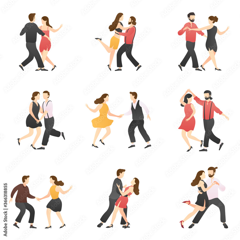 vector set of romantic scenes adorable couple dancing. man and woman at ...
