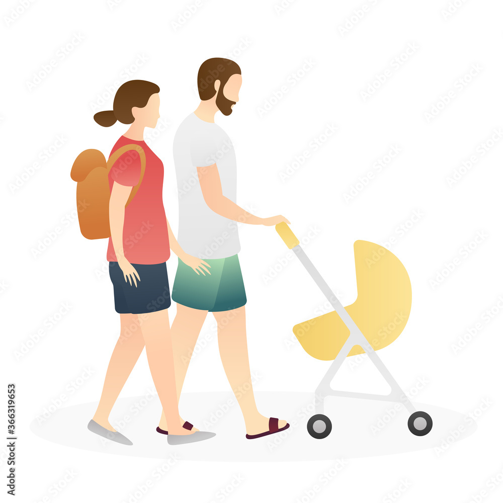 cute couple walk around pushing a baby stroller. nurturing, care, good parenting, good nurturing, care, bonding, trust and support between parents and children. flat vector illustration cute couple walk around pushing a baby stroller. nurturing, care, good parenting, good nurturing, care, bonding, trust and support between parents and children. flat vector illustration