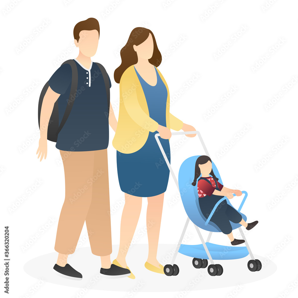 cute couple walk around pushing a baby stroller. outdoor family scenes, good parenting, good nurturing, bonding, trust and support between parents and children. flat vector illustration cute couple walk around pushing a baby stroller. outdoor family scenes, good parenting, good nurturing, bonding, trust and support between parents and children. flat vector illustration