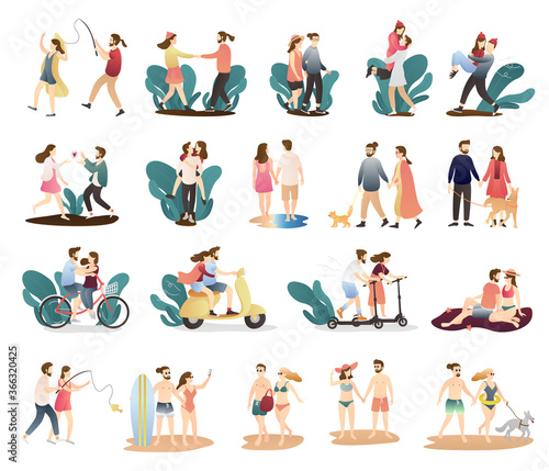 bundle of cute funny couple activity. outdoor activities romantic couple scenes. romantic couple relationship in flat vector illustration.