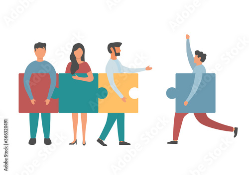 Business concept. Team people connecting puzzle elements. Vector illustration flat design style. Symbol of teamwork, cooperation, partnership. Illustration about business and finance