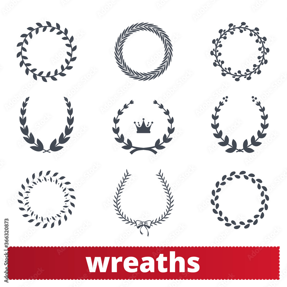 Obraz premium Laurel wreaths set. Vector collection of circular floral ornamental design elements. Award, winner heraldic signs. Clip art isolated on white background.