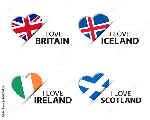 Set of four British, Icelandic, Irish and Scottish heart shaped stickers. I love Britain, Iceland, Ireland and Scotland. Made in Britain, Made in Ireland. Simple icons with flags
