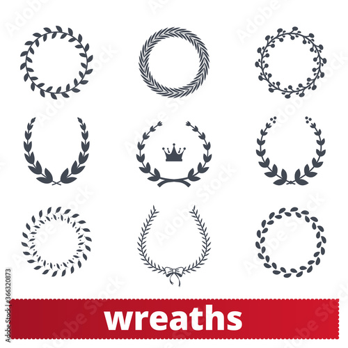 Laurel wreaths set. Vector collection of circular floral ornamental design elements. Award, winner heraldic signs. Clip art isolated on white background.