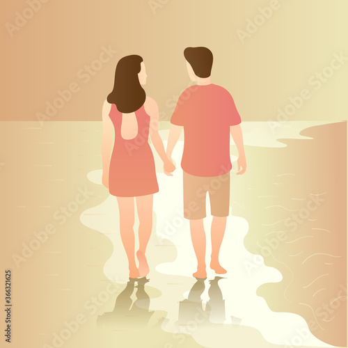 couple holding hands stroll from back view walking down the beach. outdoor activity romantic couple scenes. romantic couple relationship in flat vector illustration.