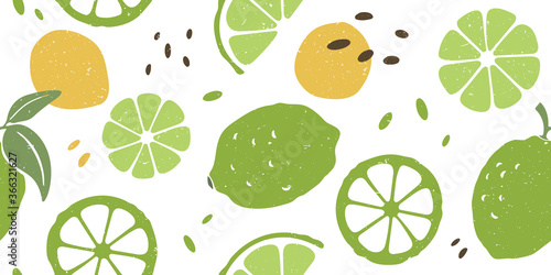 Cute lime seamless pattern. Ripe lime and lime lobules on white background. Vector shabby hand drawn illustration