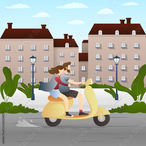 boyfriend and girlfriend riding scooter in the town. outdoor activity romantic couple scenes. romantic couple relationship in flat vector illustration.