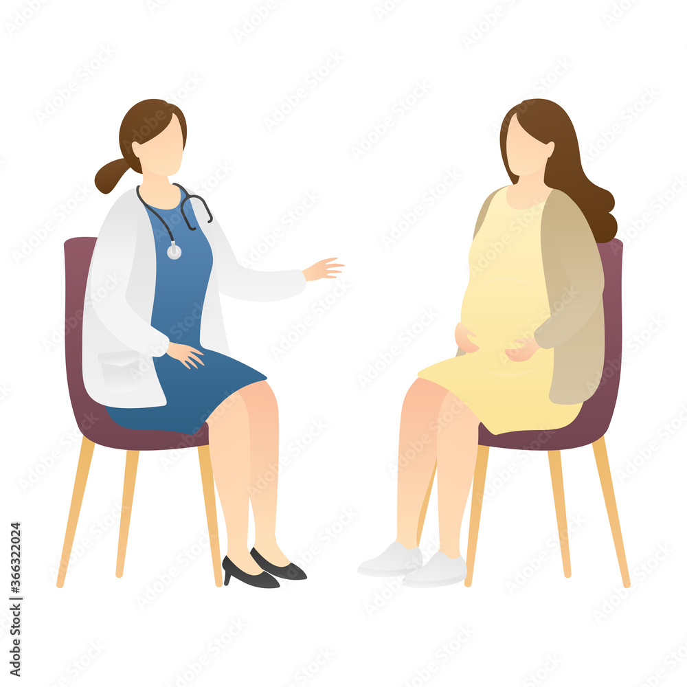 happy pregnant woman sitting and consultation with a doctor doing. visiting physician. childbirth anticipation, reproductive health, happy and healthy pregnancy. flat vector illustration happy pregnant woman sitting and consultation with a doctor doing. visiting physician. childbirth anticipation, reproductive health, happy and healthy pregnancy. flat vector illustration