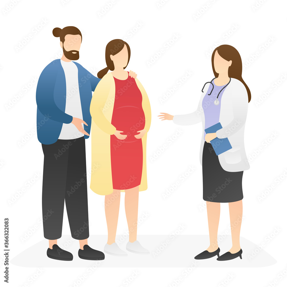 standing couple consultation with a doctor doing. visiting physician. childbirth anticipation, reproductive health, happy and healthy pregnancy. flat vector illustration