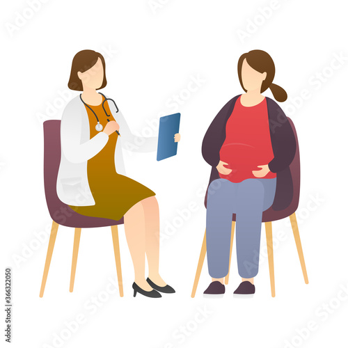 pregnant woman sitting and consultation with a doctor doing. visiting physician. childbirth anticipation, reproductive health, happy and healthy pregnancy. flat vector illustration
