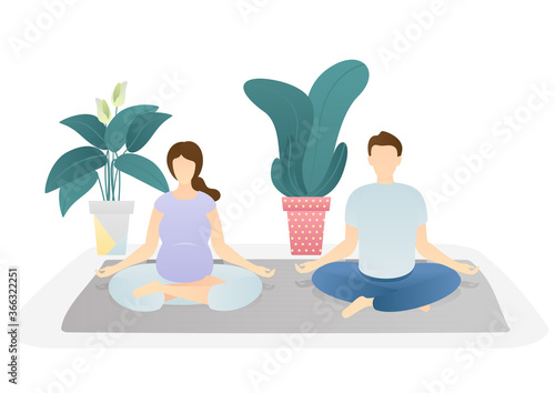 cute couple doing yoga meditation together. happy pregnancy, childbirth anticipation. flat vector illustration