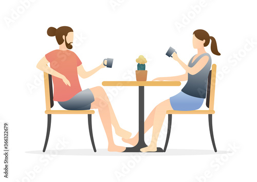 cute couple sitting drinking tea or coffee and talking at the table. relaxing couple scene. daily life of cute happy couple. romantic couple relationship in flat vector illustration.