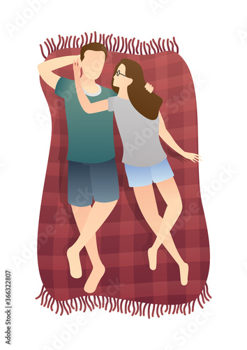 adorable couple lying on carpet. relaxing couple scene. daily life of cute happy couple. romantic couple relationship in flat vector illustration
