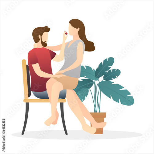man feeding and lap the woman fruits. relaxing couple scene. daily life of cute happy couple. romantic couple relationship in flat vector illustration