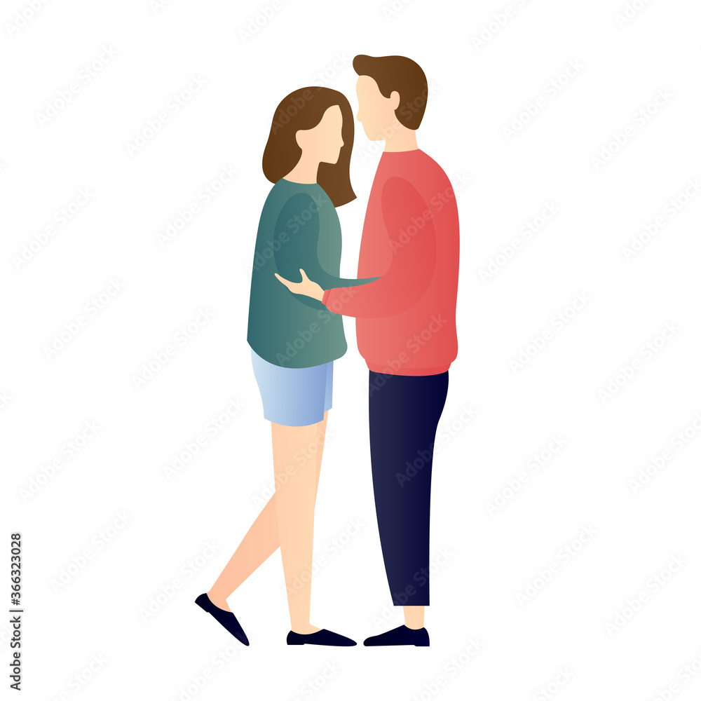 adorable young couple standing face to face and hugging. man embracing woman. romantic couple relationship in flat vector illustration.