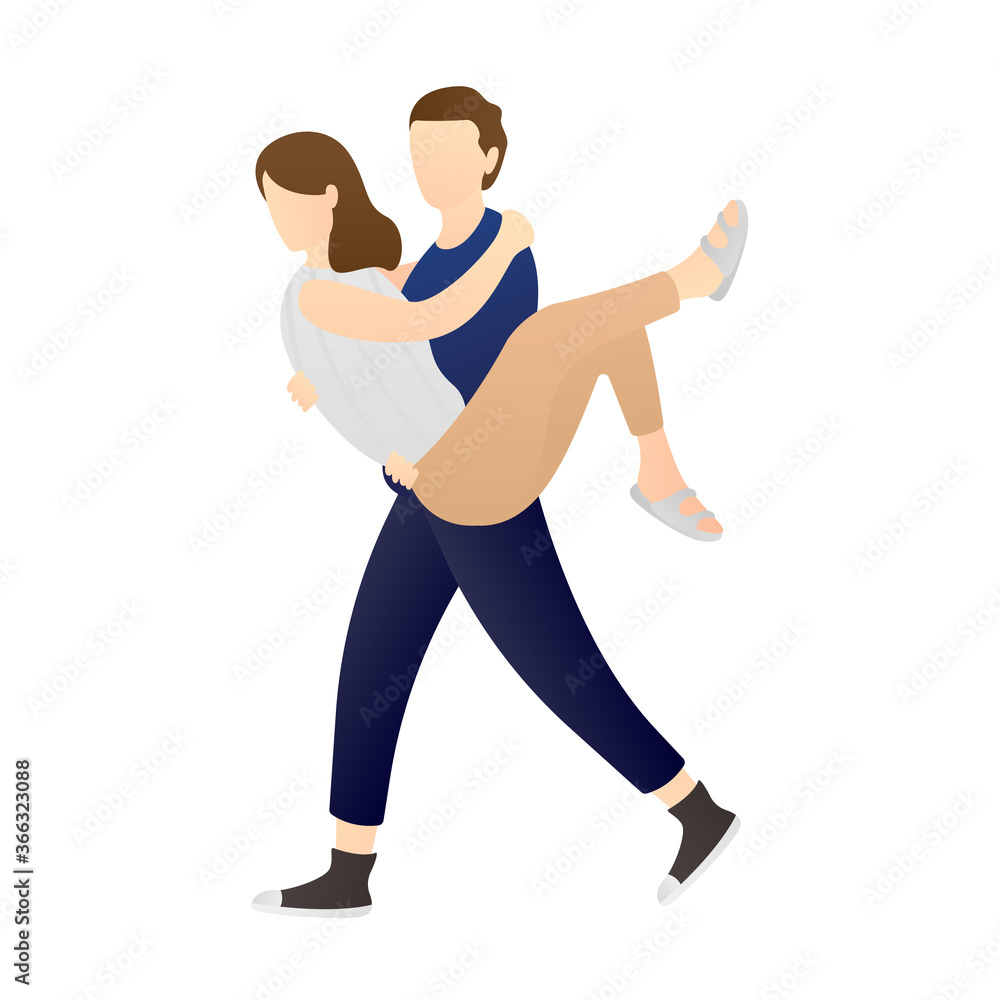 a happy man carrying and embracing woman in arms. couple cartoon characters. romantic couple relationship in flat vector illustration.