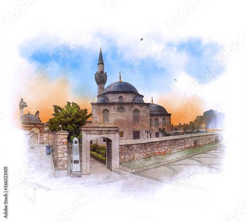 The Shemsi Ahmed Pasha Mosque was built in 1580, Istanbul, Turkey. Watercolor sketch