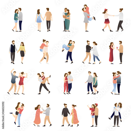 vector set of romantic scenes adorable couple. man and woman kissing, hugging, dancing, cuddling, walking, and lying. romantic couple relationship in flat vector illustration.