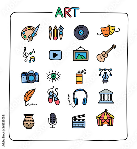 Collection of colored art icons. Doodle style