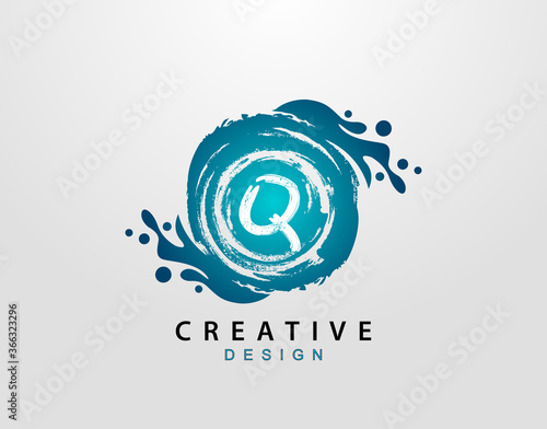 Q Logo With Blue Splash Element. Blue Wave logo design template.