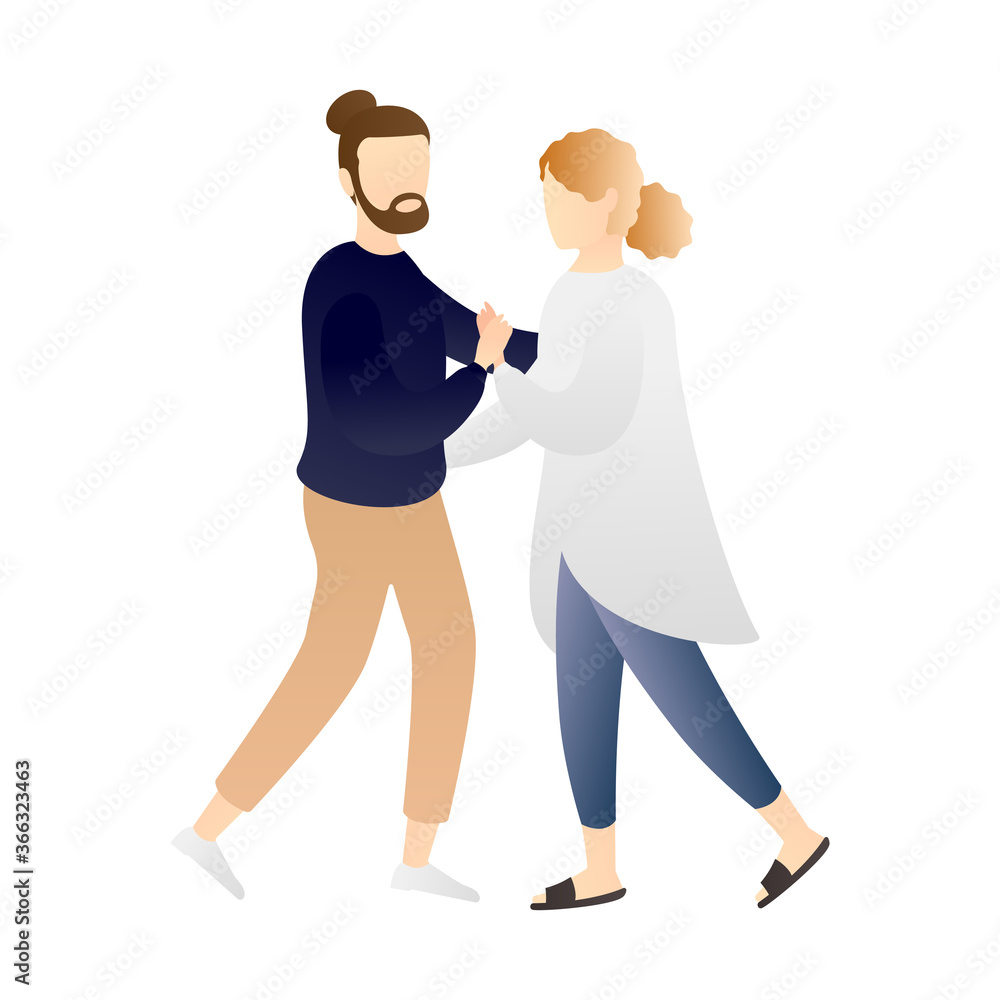 romantic couple dancing while holding hands. couple cartoon characters. romantic couple relationship in flat vector illustration.